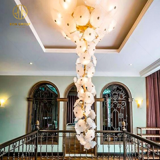 Rongroup Modern Luxurious Copper Chandelier Brass Pendant Lights For High Ceiling Crystal Lotus Leaf Lighting Fixture