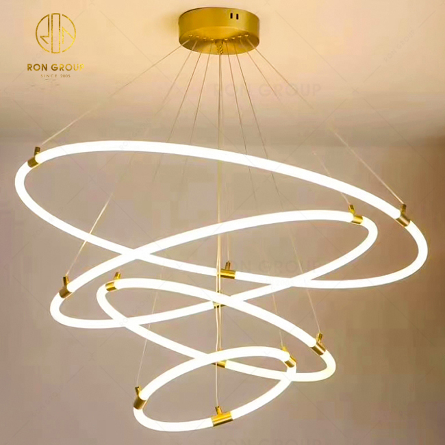 Simple Hanging Decoration Circle Rings Acrylic Gold Luxury Modern Led Chandelier Acrylic Annulus Hotel Project Light