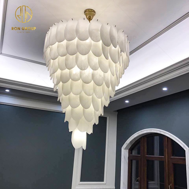 Large Hanging Hotel Hall Decor Lighting White Glass Leaf Chandelier Villa Hall Stair Droplight Living Room Pendant Lamp